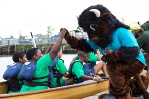 National Park Trust's Buddy Bison welcomes canoers back to shore. Photo courtesy of National Park Trust.